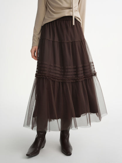 DUSHU Three-color Ruffled Mesh Skirt Women Pleated Mesh Straight Skirt Fairy Retro Gothic Cool Girls Elastic Waist Loose Fit