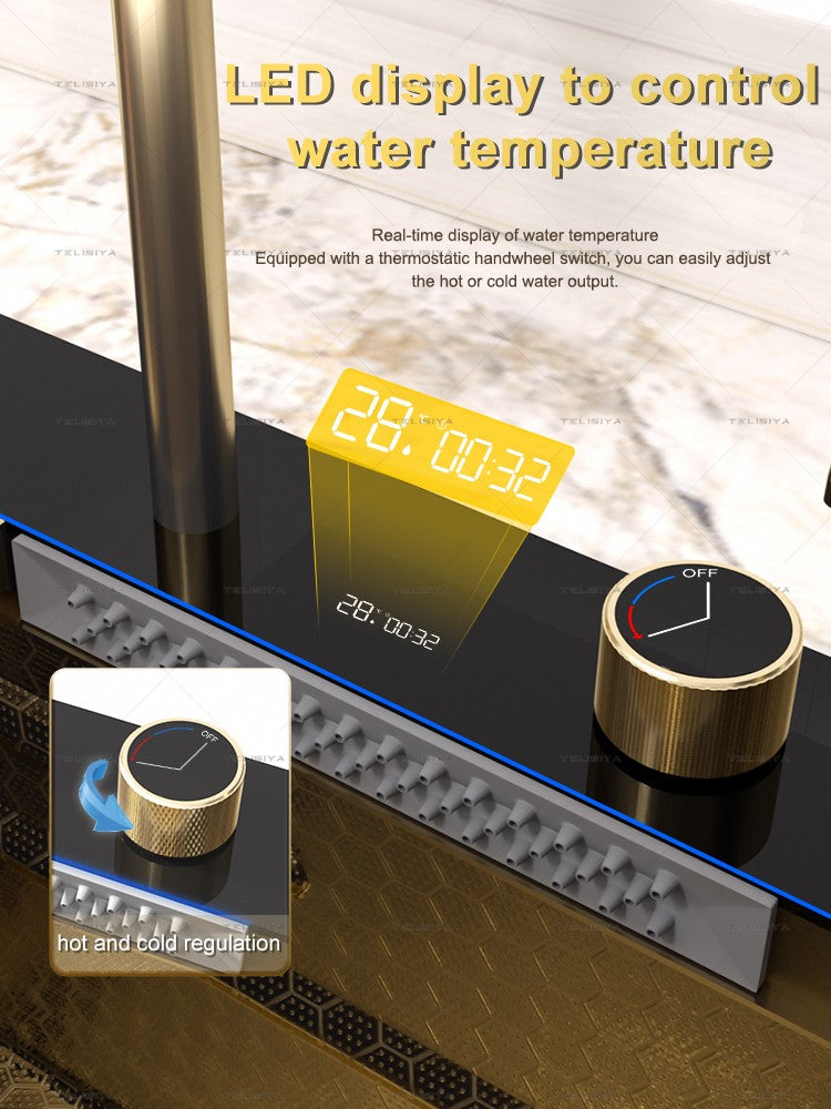 Stainless Steel Golden Kitchen Sink Multifunctional Waterfall Outlet Single Slot Piano Button Digital Display