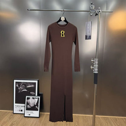 2025 Winter Women's Long Sleeve Knitted Stretch Hollow Corset Long Dress Y2K Clothing New Fashion High-Quality Party Dress bra