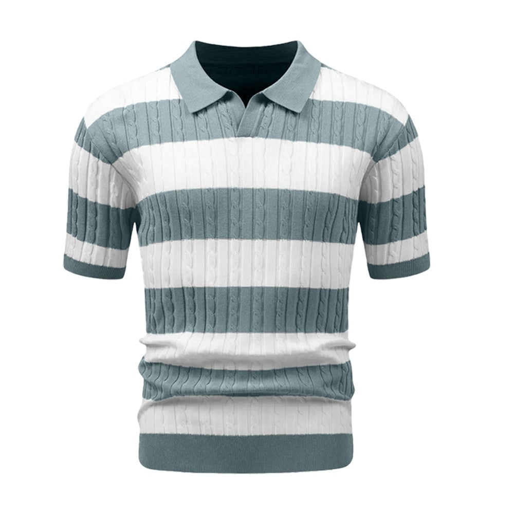 Men's Polo Short Sleeve Retro Knit Lapel Striped Short Sleeve Fashion Popular Knitwear Casual Breathable Top US Size