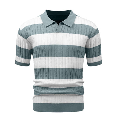 Men's Polo Short Sleeve Retro Knit Lapel Striped Short Sleeve Fashion Popular Knitwear Casual Breathable Top US Size