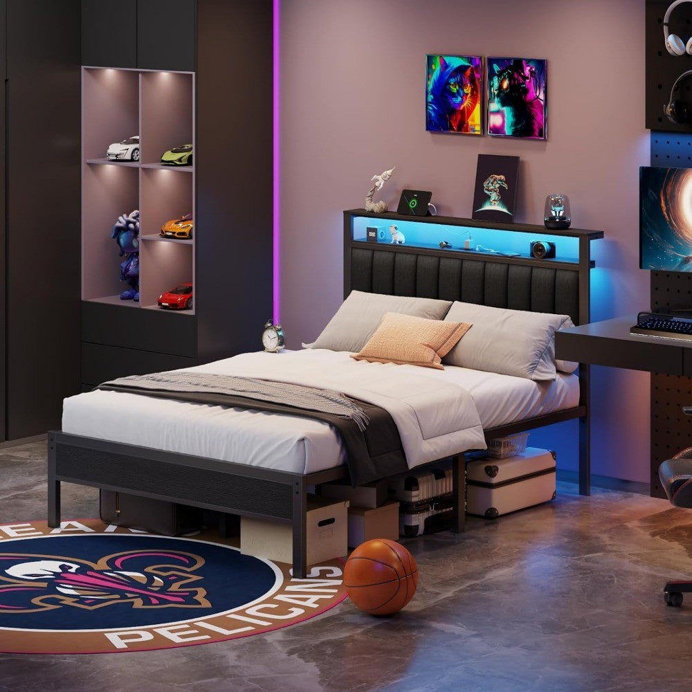 Queen Size Bed Frame with Charging Station and LED Lights, Platform Bed with Metal Slats, Grey Upholstered Headboard wi