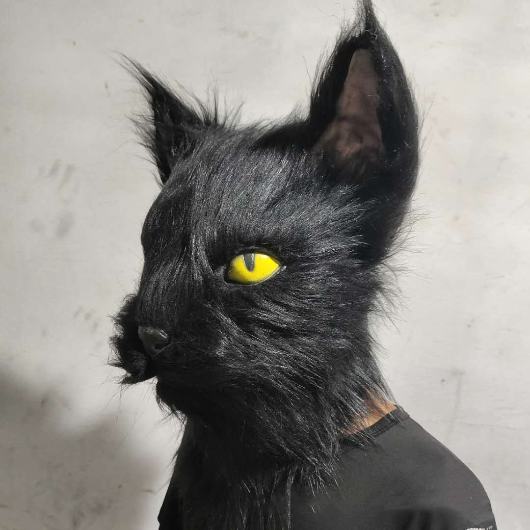 Latex with Fur Black Cat Cosplay Mask Scary Helmet Animal Funny Costume Hood Hair Mask Headwear Adult Halloween Party Props