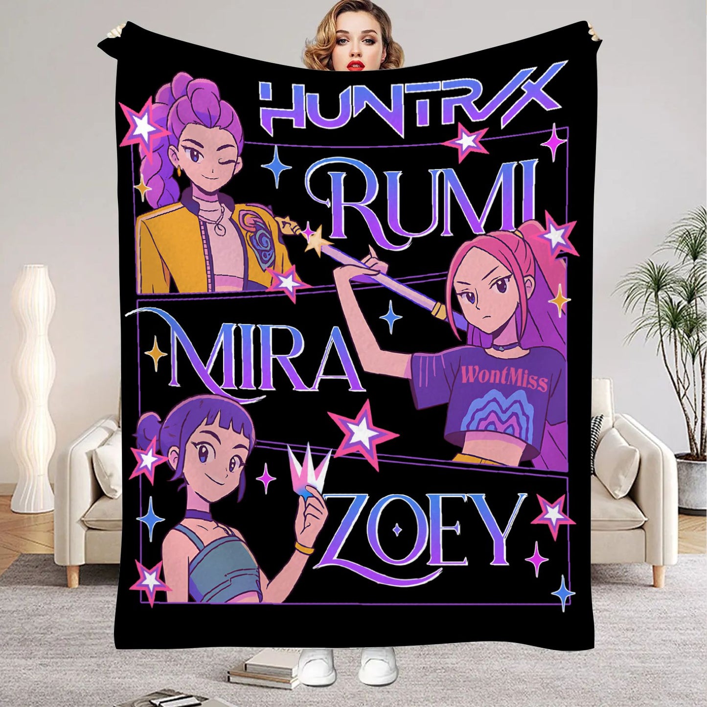 Huntrix Blankets K pop Demon Hunters Zoey Rumi Mira Soft Warm Throw Blanket Winter Kids Couch Bed Fluffy Bedspread