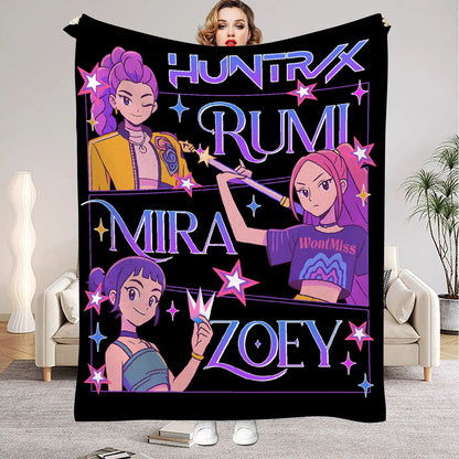 Huntrix Blankets K pop Demon Hunters Zoey Rumi Mira Soft Warm Throw Blanket Winter Kids Couch Bed Fluffy Bedspread