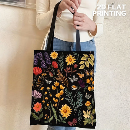1pc Bold Floral Polyester Shoulder Bag – Vibrant Mixed Color Design with Autumn Flowers & Butterflies