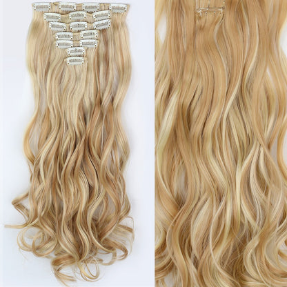 7 peças/conjunto de aplique de cabelo com 16 grampos, preto, longo e liso, cabelo natural, aplique de cabelo ombre, fibra resistente ao calor para penteado feminino