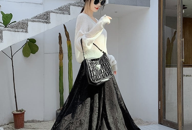 Plus Size plus Size Lace Hollow out f Skirt mid Waist Long Sle Fairy Skirt A-Line Umbrella Skirt Trendy Women's Clothing
