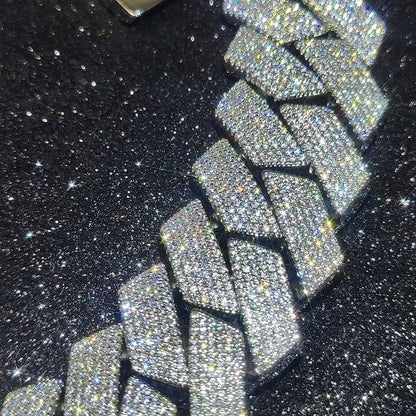 Colar Masculino/Feminino Folheado a Ouro Branco/18k com Corrente Cubana Grossa de 15mm com Duas Fileiras de Zircônias Cravejadas, Joia de Hip Hop com Zircônias Cravejadas, Presente