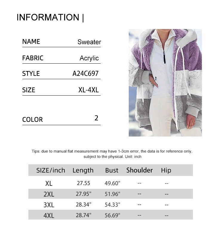 Plus Size Autumn/Winter New Arrivals Women's Autumn/Winter Drop-Shoulder Long-Sleeved Colour-Block Patchwork Fleece Hooded Jacke