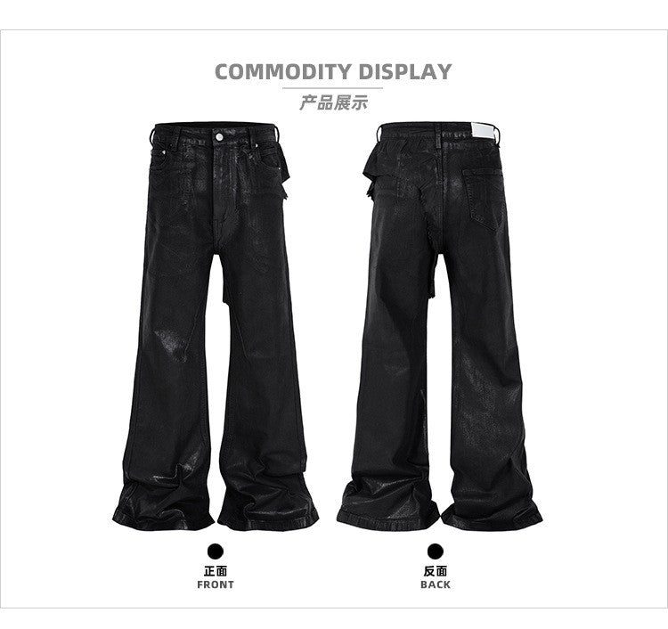 MIJKO Black Wax Leather Strecth Jeans for Men Women Baggy Flare Pants Oversized Straight Denim Trousers ZJ004