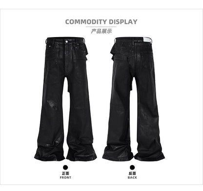 MIJKO Black Wax Leather Strecth Jeans for Men Women Baggy Flare Pants Oversized Straight Denim Trousers ZJ004