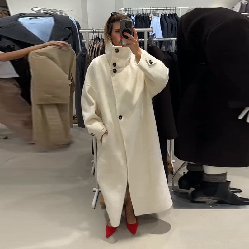 Elegant Women's Overcoat Stand Collar Single Breasted Full Sleeve Solid Female Long Coats 2025 Autumn Fashion Chic Lady Outwear