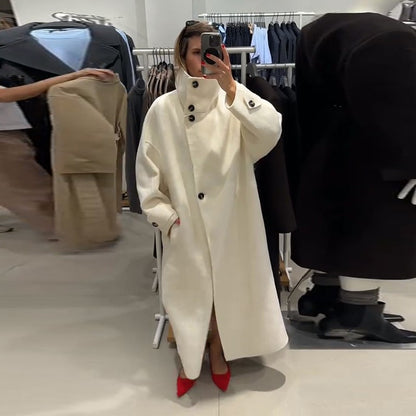 Elegant Women's Overcoat Stand Collar Single Breasted Full Sleeve Solid Female Long Coats 2025 Autumn Fashion Chic Lady Outwear