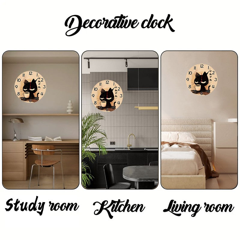 Japanese Style Cat Wooden Round Silent Hanging Wall Clock, Suitable For Living Room, Office,Study Room, Bedroom, Home Decoration