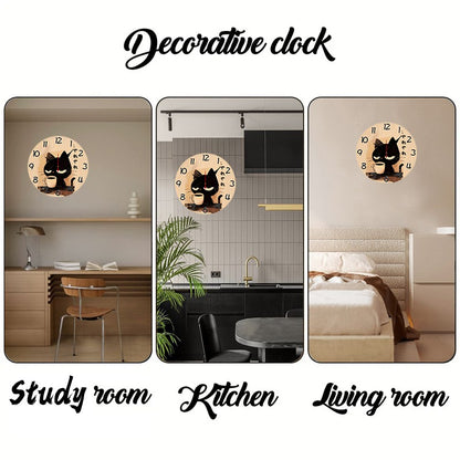 Japanese Style Cat Wooden Round Silent Hanging Wall Clock, Suitable For Living Room, Office,Study Room, Bedroom, Home Decoration