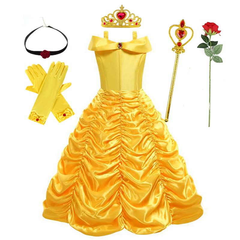 Disney Belle Princess Dress Halloween Cosplay Beauty and The Beast Costumes 2-10Y Girls Birthday Party Children Clothing Gown