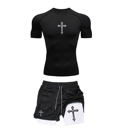 Jogging Breathable Compression Sportswear Summer Men's Training Two-piece Tight T-shirt Fitness Shorts Gym Workout Set RL0008