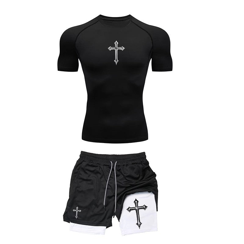 Jogging Breathable Compression Sportswear Summer Men's Training Two-piece Tight T-shirt Fitness Shorts Gym Workout Set RL0008