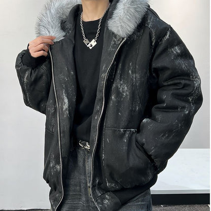 Cotton jacket with fur collar eagle embroidered and tie-dyeed winter men's design outdoor jacket thick and comfortable