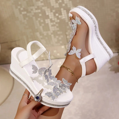 Women High Heel Wedge Sandals Platform Fashionable Butterfly Sandals Decoration Rhinestones Popular Among Toe Shoes for Women
