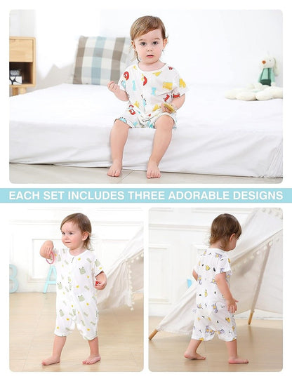 MICHLEY 3pcs Baby Short-Sleeve Rompers Long-Sleeve Jumpsuit Bodysuit Soft White Cartoon Infant Clothes Overalls  For Boys Girls