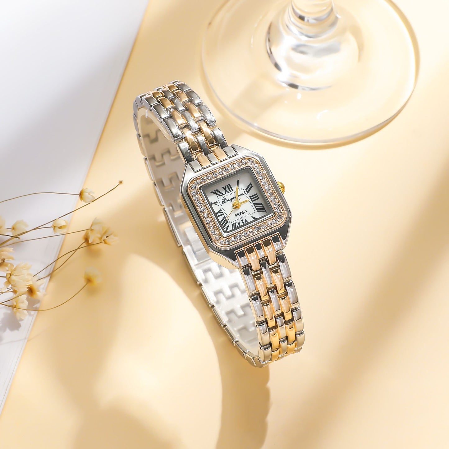 Women Fashion Square Roman Dial Full of Crystals Steel Belt Quartz Watch