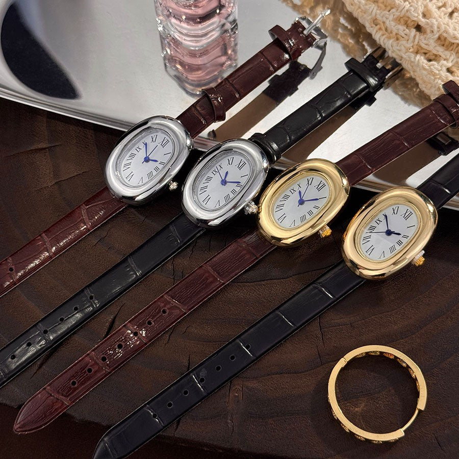Ladies' New Oval Bathtub Egg-Shaped Belt Quartz Watch Elegant Miniature Vintage-Style Wristwatch Stylish Trendsetter
