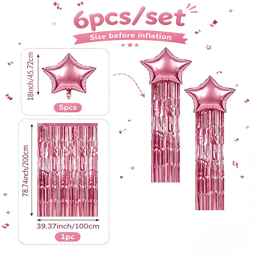 6pcs Pink Five-Pointed Star Balloon and Tassel Curtain Set, Suitable for Birthday Parties, Family Anniversaries, Engagement/Wedd