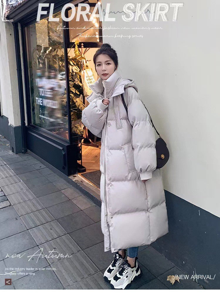 Long Thickened Down Cotton Bread Style Coat Women's Winter 2025 Outerwear Korean Loose Long Knee Length Solid Hooded Jacket