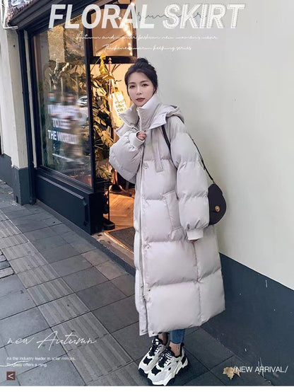 Long Thickened Down Cotton Bread Style Coat Women's Winter 2025 Outerwear Korean Loose Long Knee Length Solid Hooded Jacket