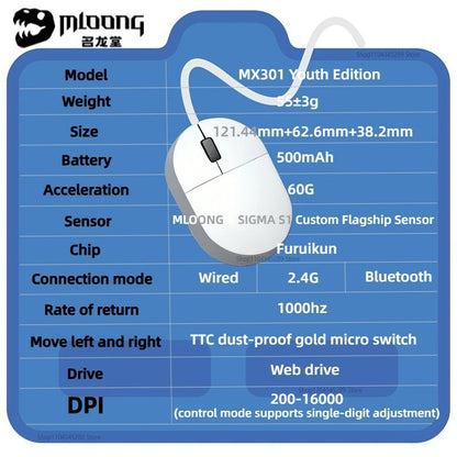 Ultralight Wireless Gaming Mouse TTC Micro Switches 16000DPI 1000Hz 3-Mode Web Driver for Small Hands RGB Indicator