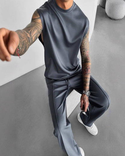 New summer sleeveless sports suit 2025 men's casual solid color trousers men's clothing vest two-piece set,