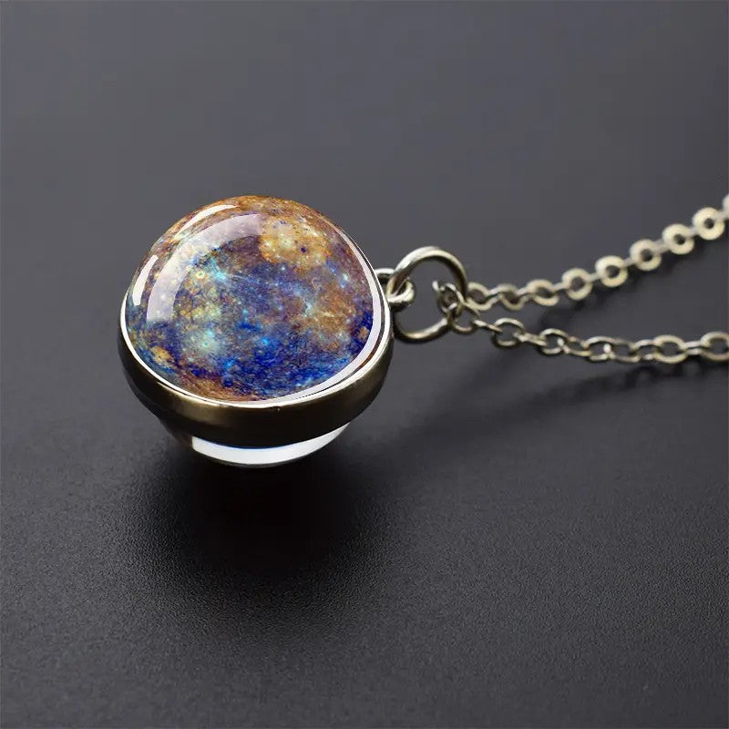 Colar com Pingente de Bola de Vidro Planeta Dupla Face Galáxia Sol Terra Lua Marte Joias