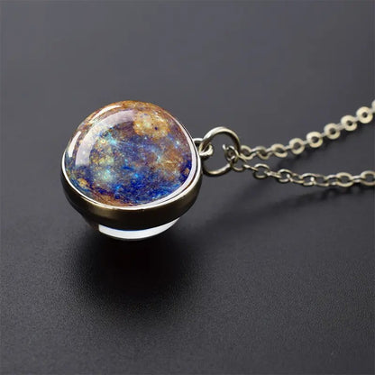 Colar com Pingente de Bola de Vidro Planeta Dupla Face Galáxia Sol Terra Lua Marte Joias