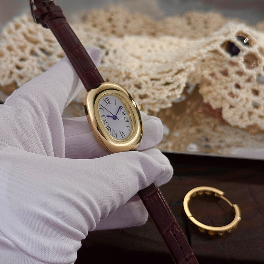 Ladies' New Oval Bathtub Egg-Shaped Belt Quartz Watch Elegant Miniature Vintage-Style Wristwatch Stylish Trendsetter