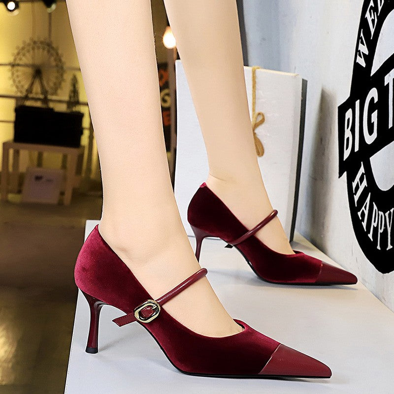 Korean Version Party 10cm 7cm High Heels Women Shoes Thin Heels Velvet Shallow Montage Pointed Toe Metal One-line Buckle Pumps