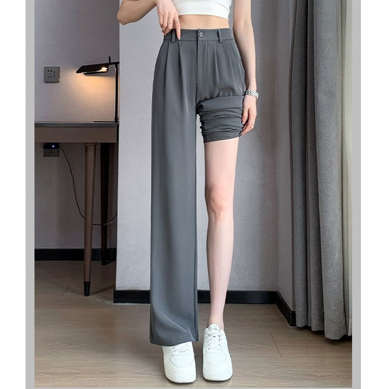Women Full Length Pants Lady Baggy High Waist Wide Leg Solid Color Trousers Lady Straight Leg Mom Classic Office Pants Slacks