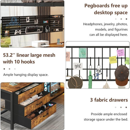 Size Loft Bed with U-Shaped Desk, Heavy Duty Full Loft Bed Frame with Pegboard & Mesh Shelf, RGB Lights, Bunk Lo