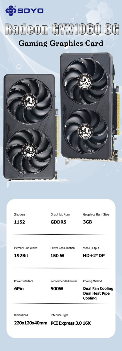 Placas Gráficas SOYO GTX1060 6G/3G DDR5 192bit Compatibilidade HDMI+DP*2 para Componentes de Computador de Mesa para Jogos Placa de Vídeo GPU