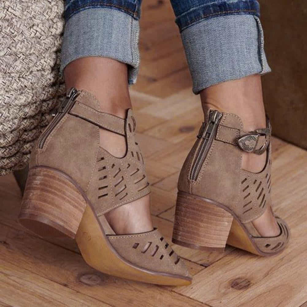 Women's Casual Boho Sandals Low Block Heel Summer Vacation Shoes Ladies Sandals with Buckles Chic Heeled Sandals for Ladies