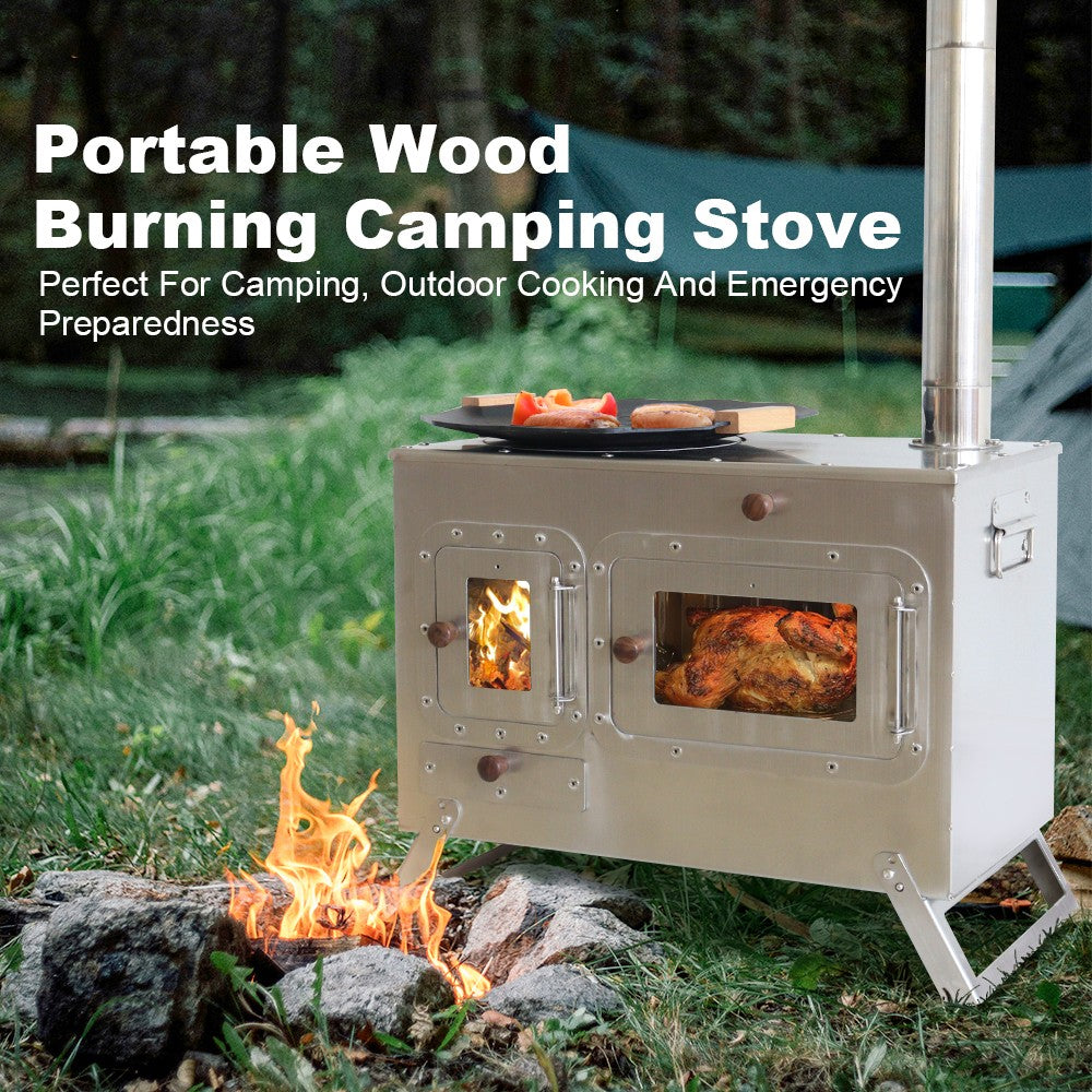 Fogão Multifuncional a Lenha para Acampamento Queimador Externo Portátil com Forno Barraca Fogão Caminhada Piquenique Churrasco Assar Aquecimento Pizza