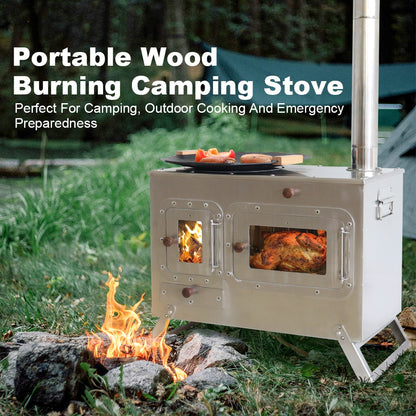 Fogão Multifuncional a Lenha para Acampamento Queimador Externo Portátil com Forno Barraca Fogão Caminhada Piquenique Churrasco Assar Aquecimento Pizza