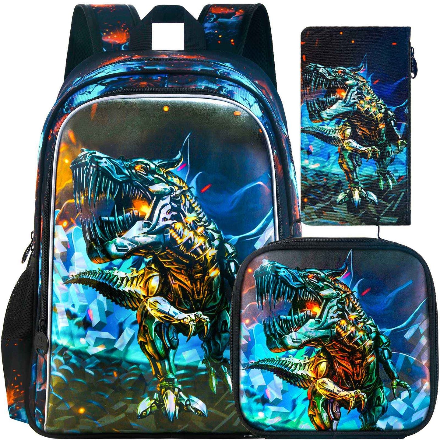 Mochila 3 Peças para Meninos, Mochilas Infantis de Dinossauro 16 Polegadas, Mochilas Escolares Legais para Ensino Fundamental e Pré-escola
