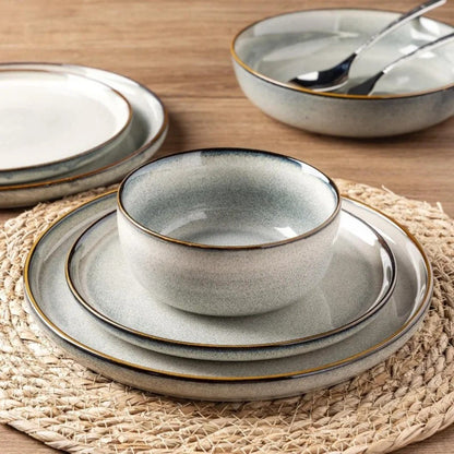 Ceramic Tableware Set for 4, 12-piece Ceramic Plate and Bowl Set, Scratch-resistant Tableware, Dishwasher-safe