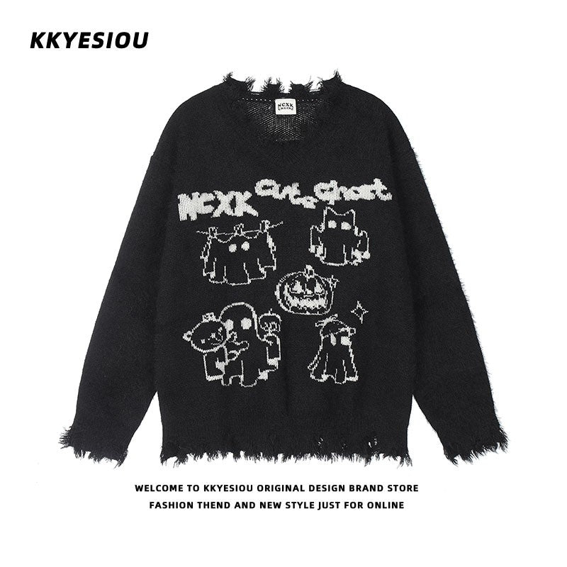 KKyesiou Dopane Orange Knitted Sweater loween Design Men Women Retro American Sle Couple's Long Sve Casual Loose Fit