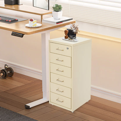 Gaveteiro de Metal com Rodas e Fechadura | Armário para Documentos com 6 Gavetas para Escritório em Casa, com Rodas | Branco-sujo/Verde/Amarelo
