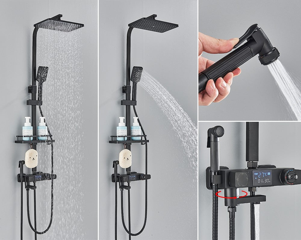 Black Digital Display Thermostatic Shower Faucet Bathroom Thermostatic 4 ways Rainfall Shower Mixer Tap,Shelf and Bidet Faucets