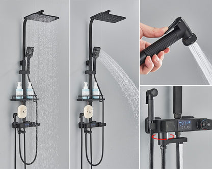 Black Digital Display Thermostatic Shower Faucet Bathroom Thermostatic 4 ways Rainfall Shower Mixer Tap,Shelf and Bidet Faucets