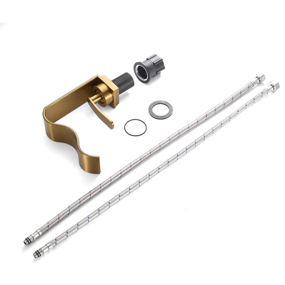 Luxury Brushed Gold Bathroom Sink Faucet Deck Mounted Hot Cold Brass Mixer Waterfall Basin Faucets Lavatory Washbasin Water Tap